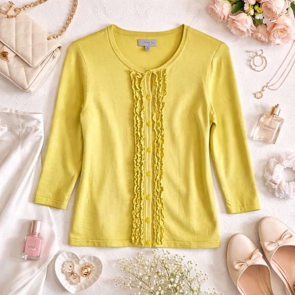 Amber Sun Sweaters - Coquette Balletcore Ruffle Cardigan Amber Sun Silk Blend Chartreuse Small A58